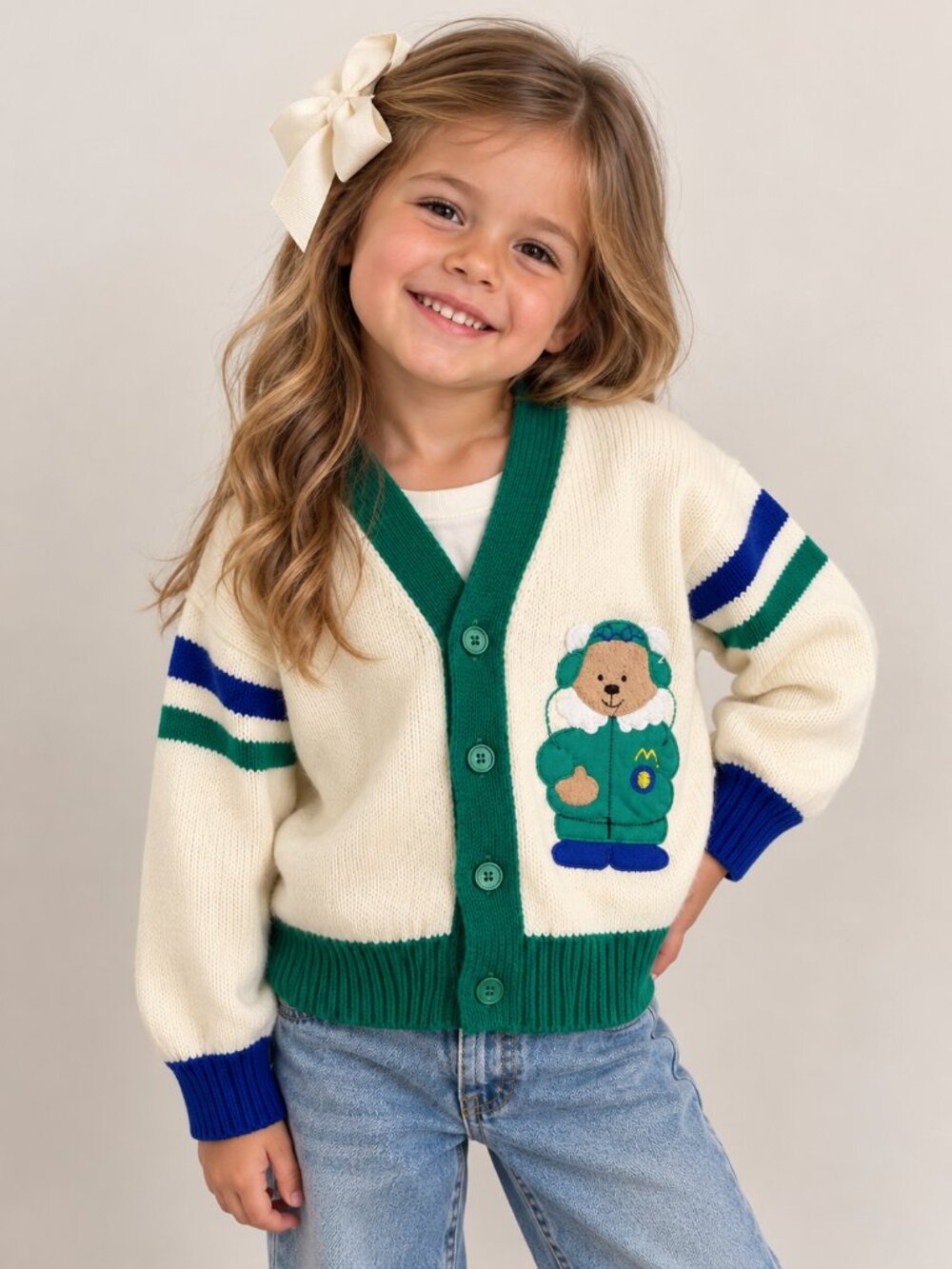 Vintage 80s 90s Alpine Way 4T Teddy Bear Cardigan Sweater Green Ivory
